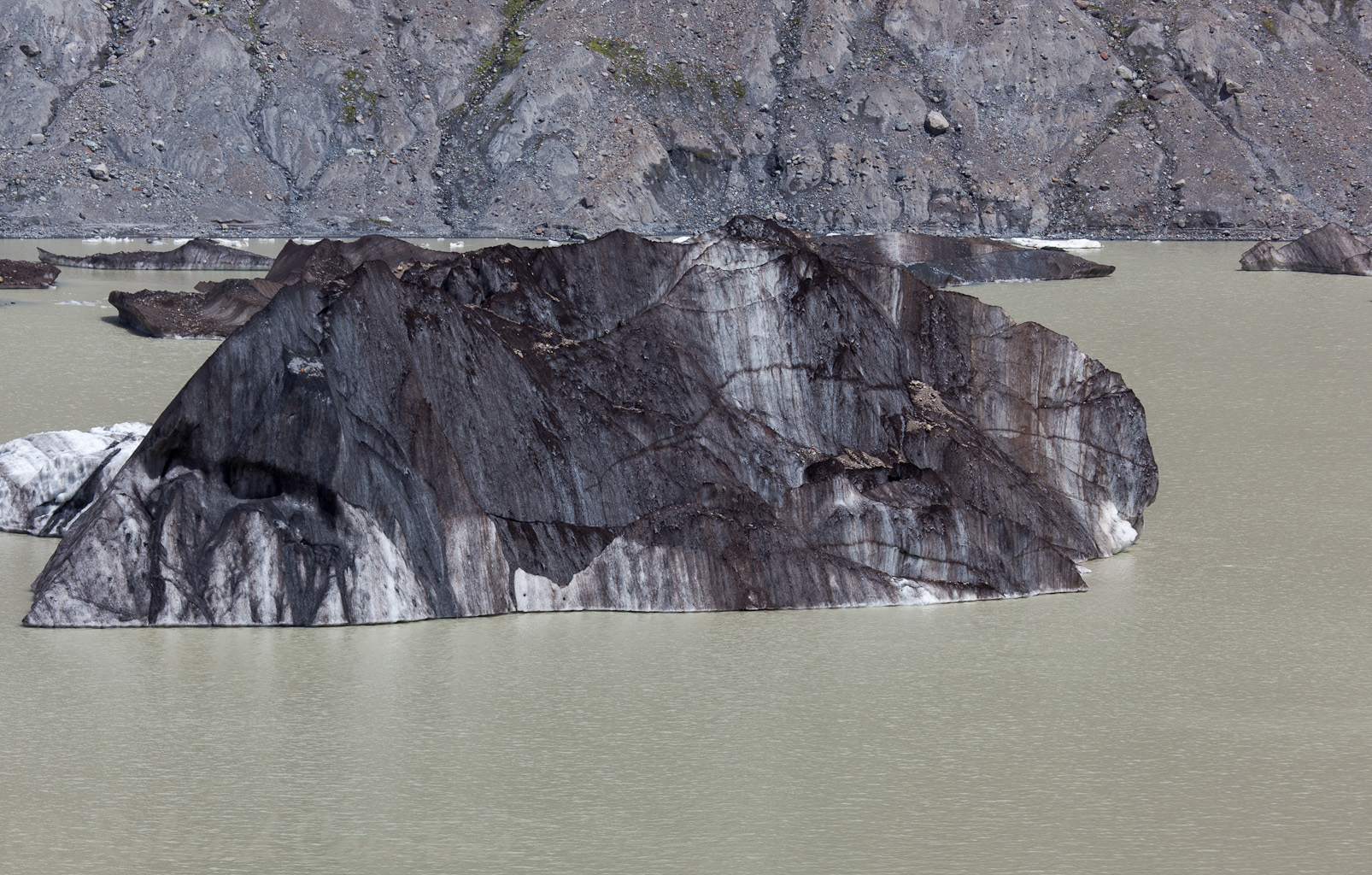 Dans ce lac du glacier Noir, les icebergs sont marqués par le temps.