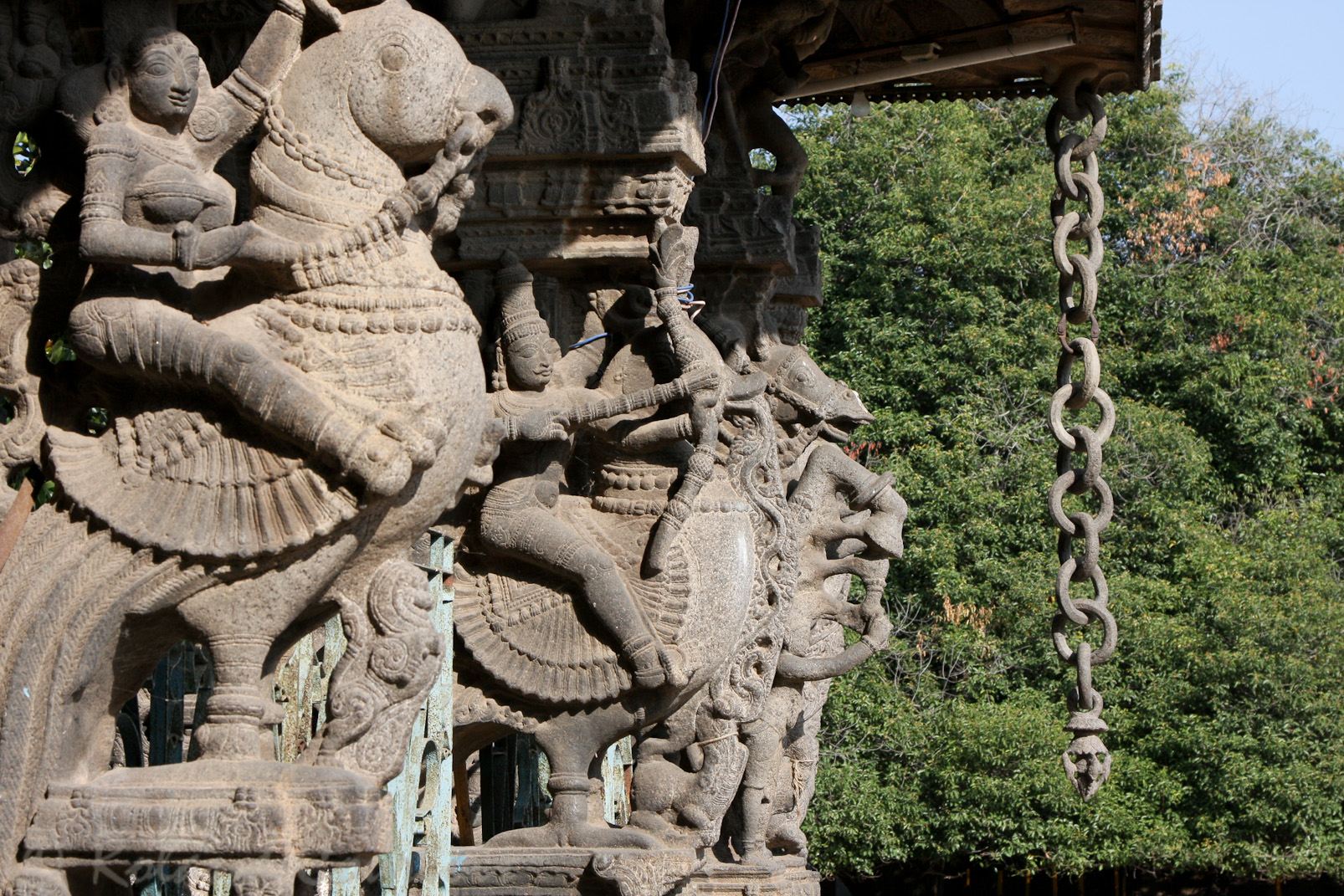 Temple de Varadaraja. Mandapa aux 96 colonnes, l'une des chaînes sculptées dans un seul bloc de pierre. Tour de force architectural !