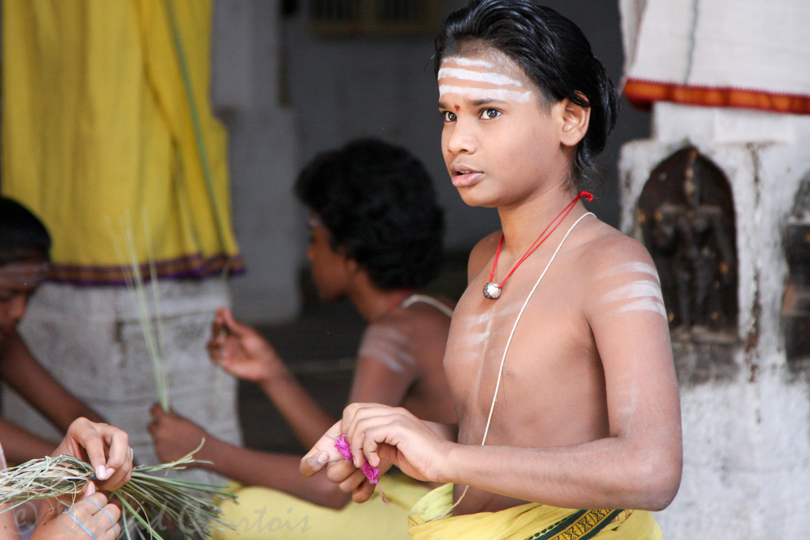 Dans une école, de jeunes brahmanes  viennent étudier le sanskrit et les Veda.