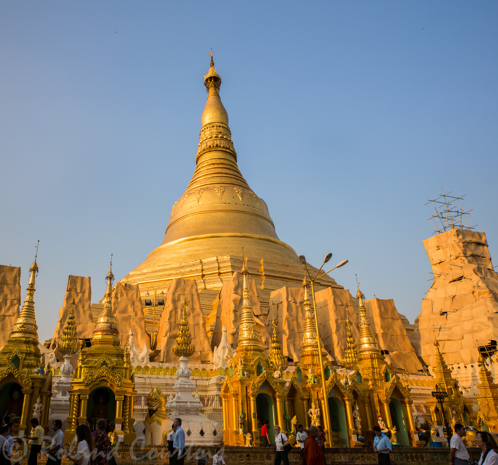 Pagode Shwedagon. Vue d'ensemble du grand stupa et de ses annexes.