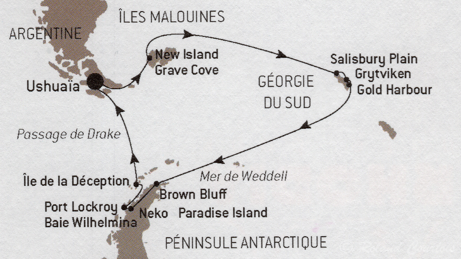 L'itinéraire de la Grande Boucle Australe. Une croisière de 17 jours à partir d'Ushuaia vers les iles Malouines (Falkland)  et la Géorgie du Sud, avant de descendre plein Sud vers la Péninsule Antarctique.