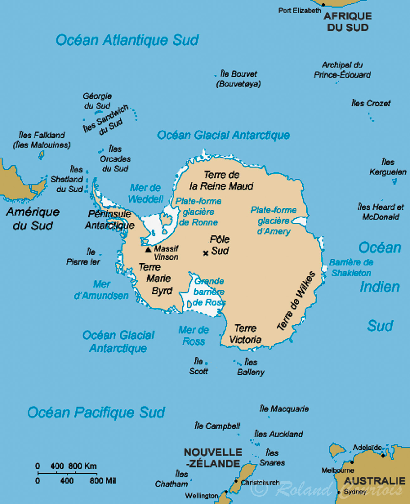Carte du continent Antarctique sur laquelle on situe le sud de l'Amérique, le sud de l'Afrique, la Nouvelle Zelande et l'Australie