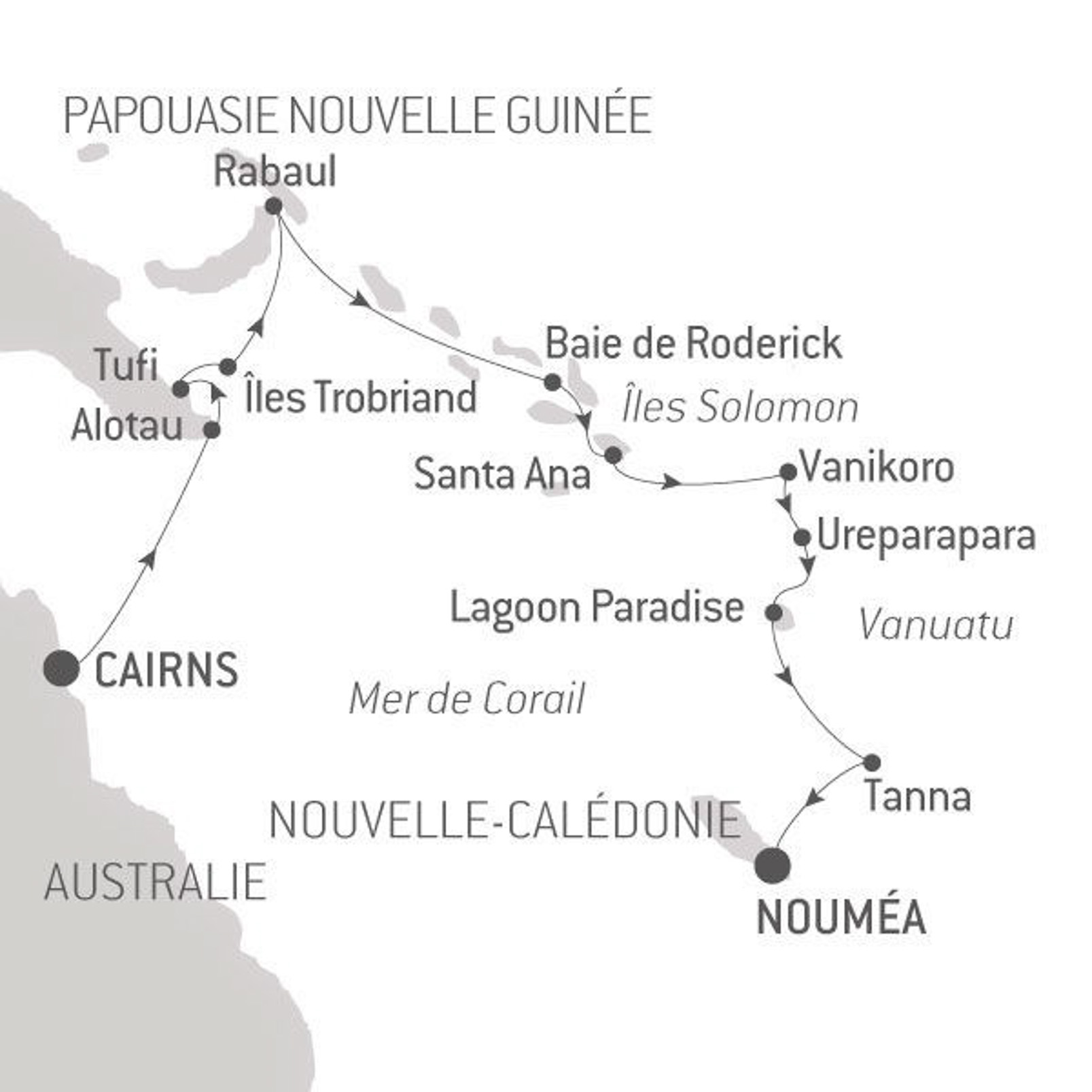 Itinéraire de la croisière sur l'Austral, de Cairns à Nouméa,  du 7 au 23 décembre 2017